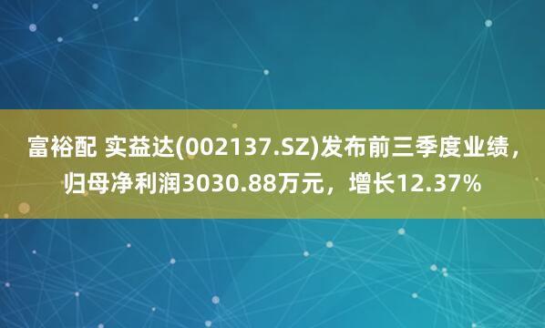 富裕配 实益达(002137.SZ)发布前三季度业绩，归母净利润3030.88万元，增长12.37%